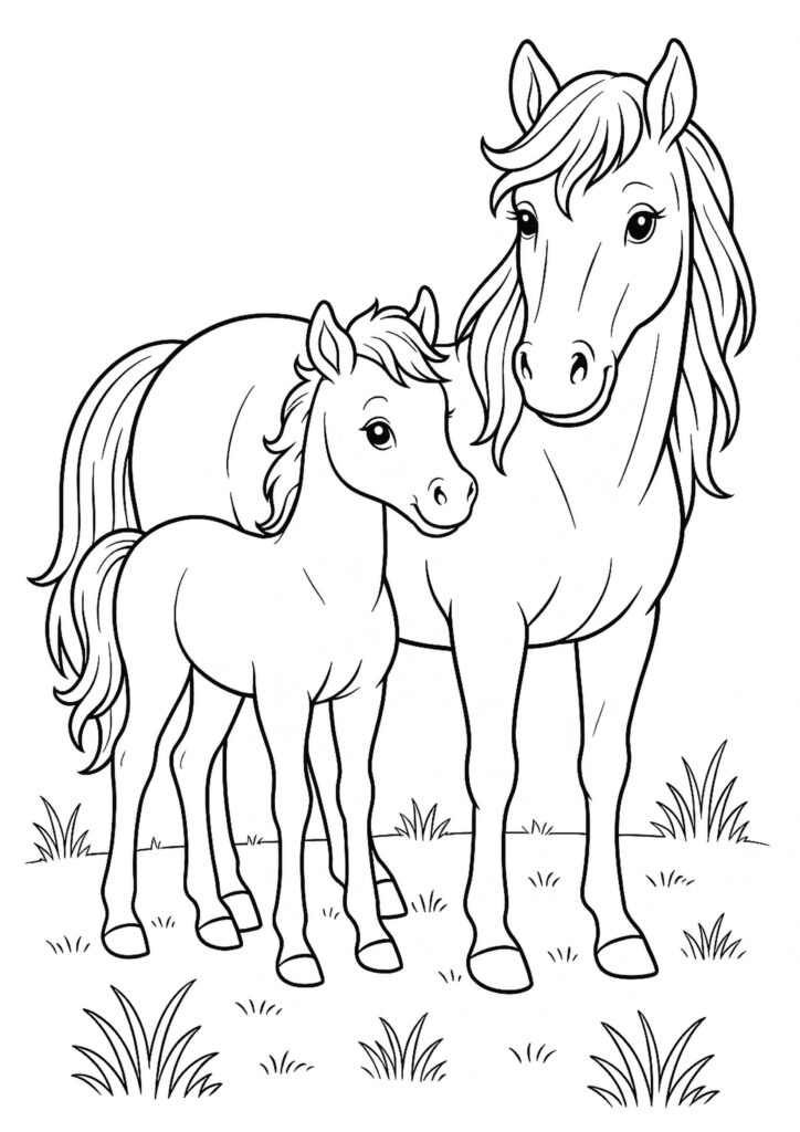 Gratis kleurplaat van een paard met een veulen in het gras om te printen en in te kleuren
