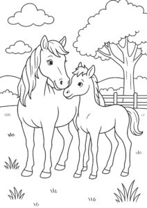 Gratis kleurplaat van een paard met een veulen in een weiland met bomen en hek