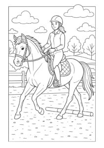 Gratis kleurplaat van een meisje dat dressuuroefening doet op haar paard in de manege