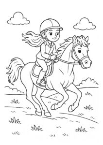 Gratis kleurplaat van een meisje op een galopperend paard in de natuur