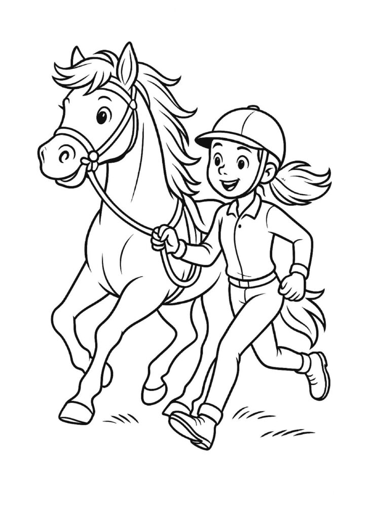 Gratis kleurplaat van een meisje dat samen met haar paard rent