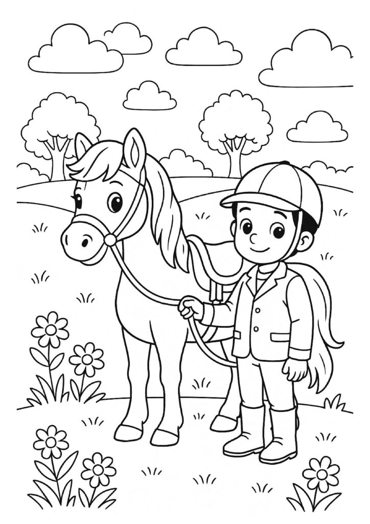 Gratis kleurplaat van een jongen met een paard tussen de bloemen in de natuur