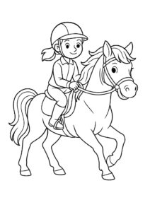 Gratis kleurplaat van een meisje met een cap die op een paard rijdt