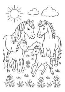 Gratis kleurplaat van een paardenfamilie met veulens in een zonnige weide