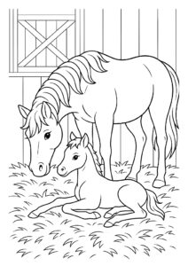 Gratis kleurplaat van een paard en haar veulen rustend in een stal