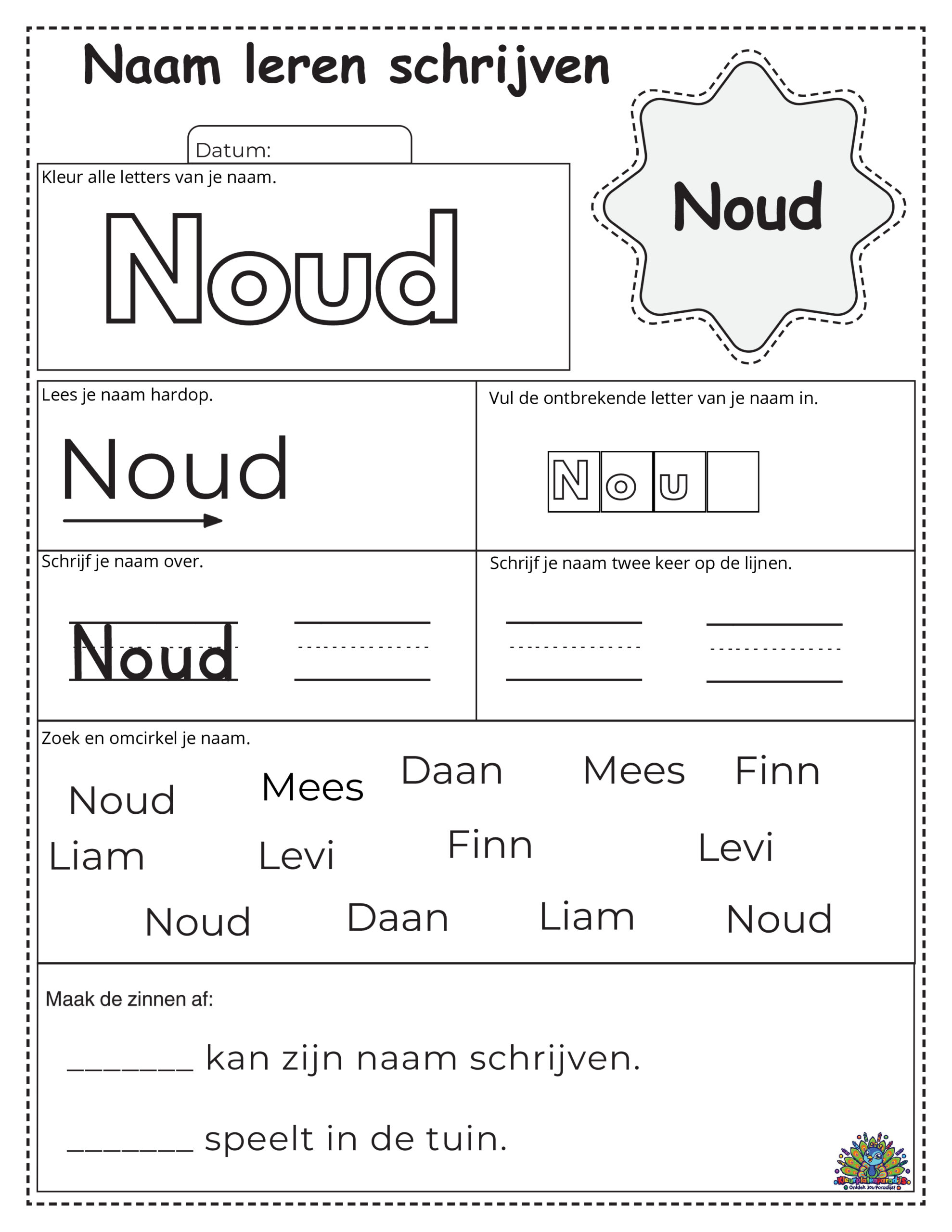 Educatief werkblad voor kinderen om de naam Noud te leren schrijven. Inclusief letters inkleuren, invullen, overtrekken en herkennen.