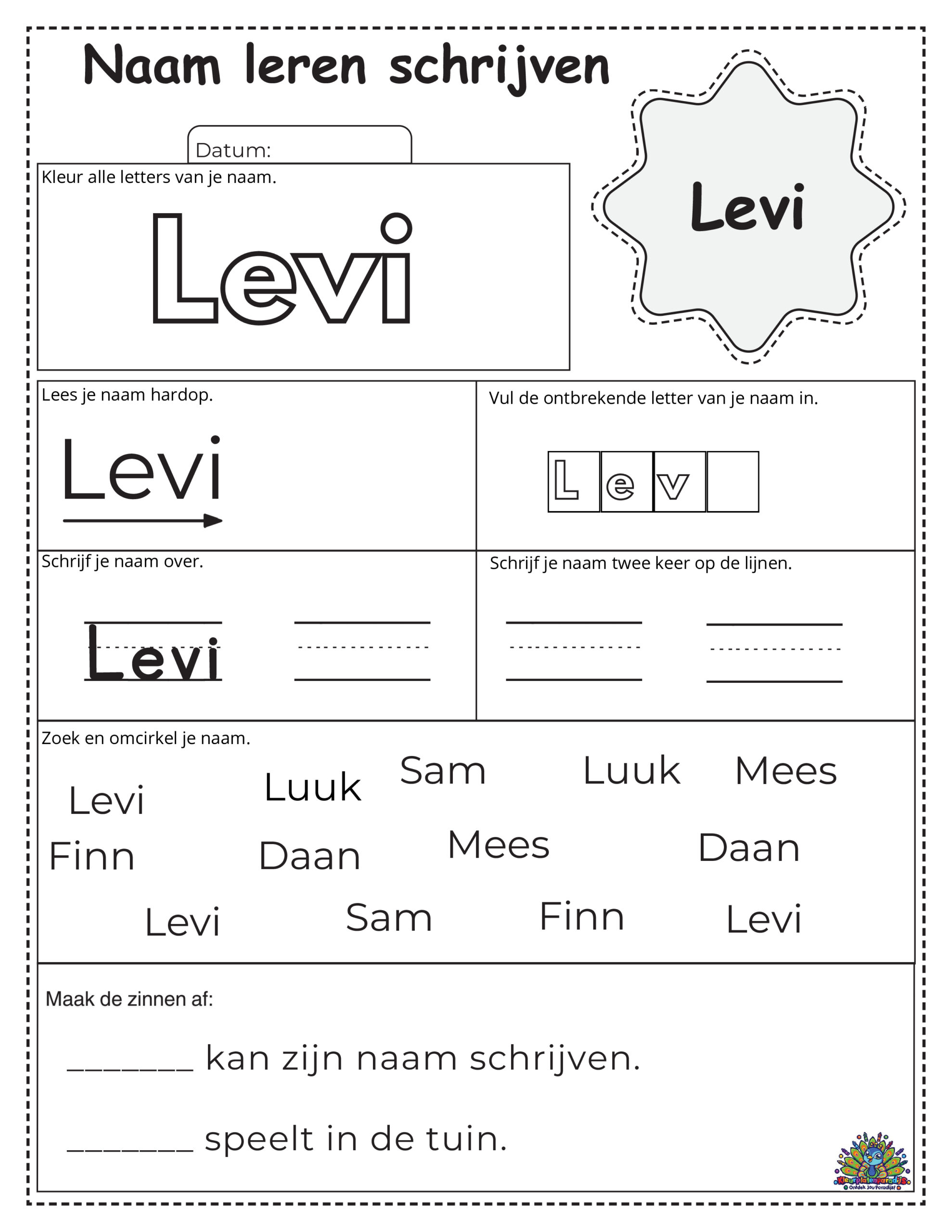 Educatief werkblad voor kinderen om de naam Levi te leren schrijven. Inclusief letters inkleuren, invullen, overtrekken en herkennen.