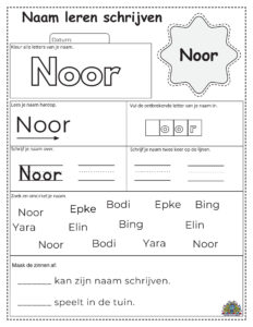 Educatief werkblad voor kinderen om de naam Noor te leren schrijven. Inclusief letters inkleuren, invullen, overtrekken en herkennen.