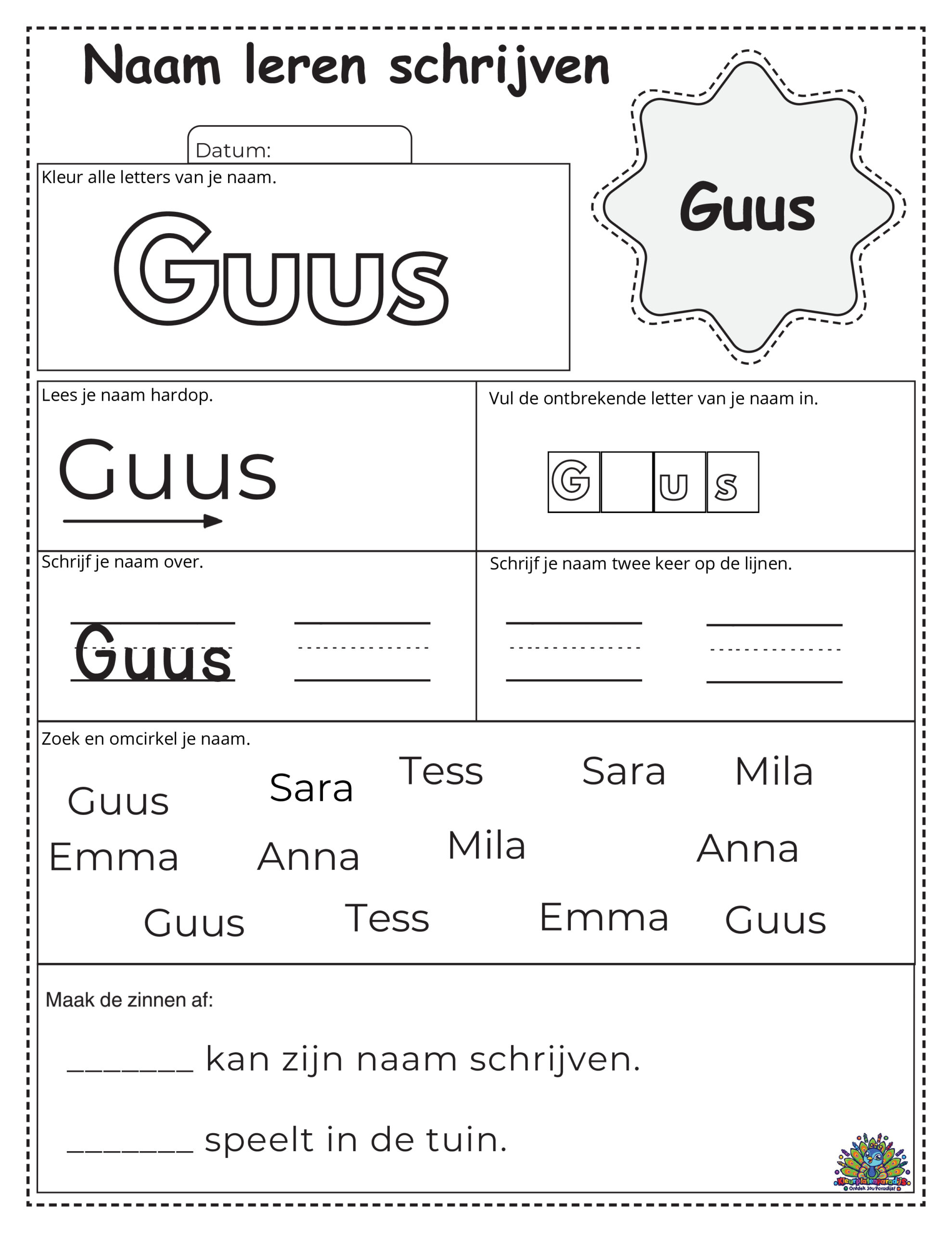 Educatief werkblad voor kinderen om de naam Guus te leren schrijven. Inclusief letters inkleuren, invullen, overtrekken en herkennen.