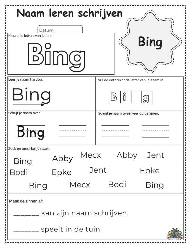 Educatief werkblad voor kinderen om de naam Bing te leren schrijven. Inclusief letters inkleuren, invullen, overtrekken en herkennen.