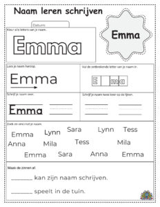 Educatief werkblad voor kinderen om de naam Emma te leren schrijven. Inclusief letters inkleuren, invullen, overtrekken en herkennen.