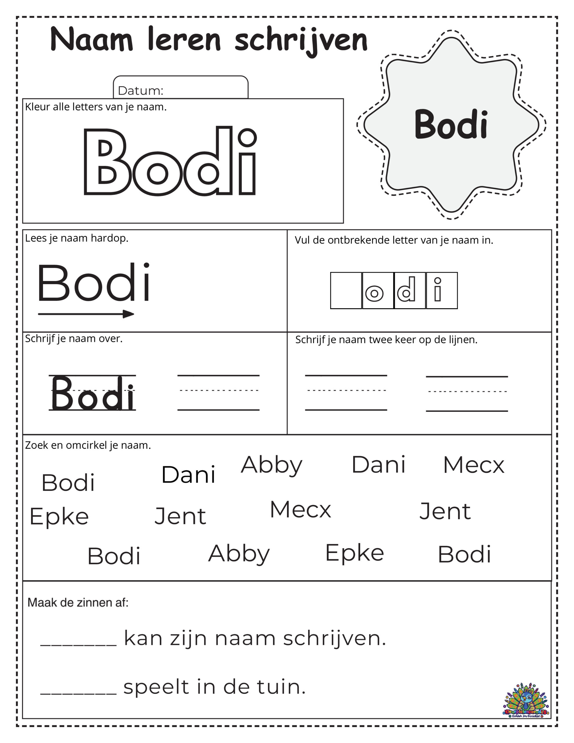 Educatief werkblad om de naam Bodi te leren schrijven. Inclusief letters inkleuren, invuloefening, schrijfopdrachten en een zoekspelletje.