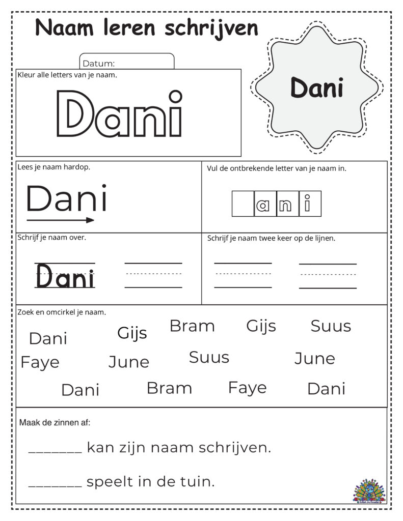 Gratis werkblad om de naam Dani te leren schrijven. Inclusief schrijfregels, inkleuroefening, invullers en woordzoeker.