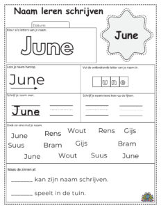 Werkblad om de naam June te leren schrijven. Inclusief schrijfoefeningen, kleuren, invullen en herkennen van de naam.