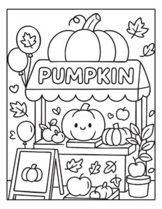 Kleurplaat van een pompoenkraam met pompoenen, appels en herfstbladeren
