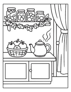 Herfst kleurplaat keuken met mand appels, theepot en potten