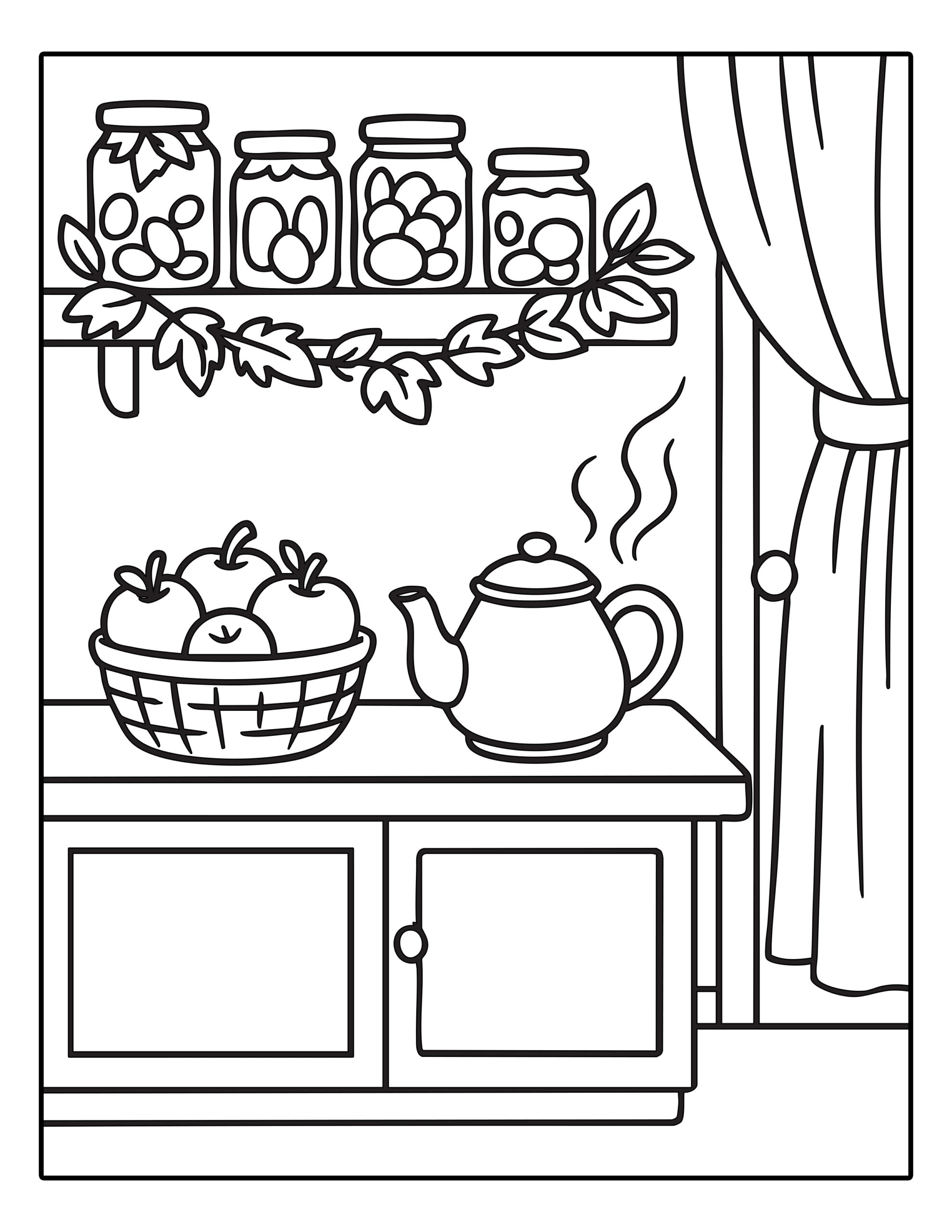 Herfst kleurplaat keuken met mand appels, theepot en potten