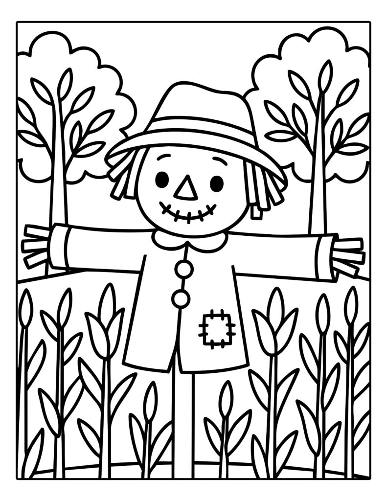 Herfst kleurplaat vogelverschrikker in veld met bomen