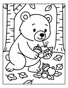 Herfst kleurplaat beer verzamelt eikels in het bos