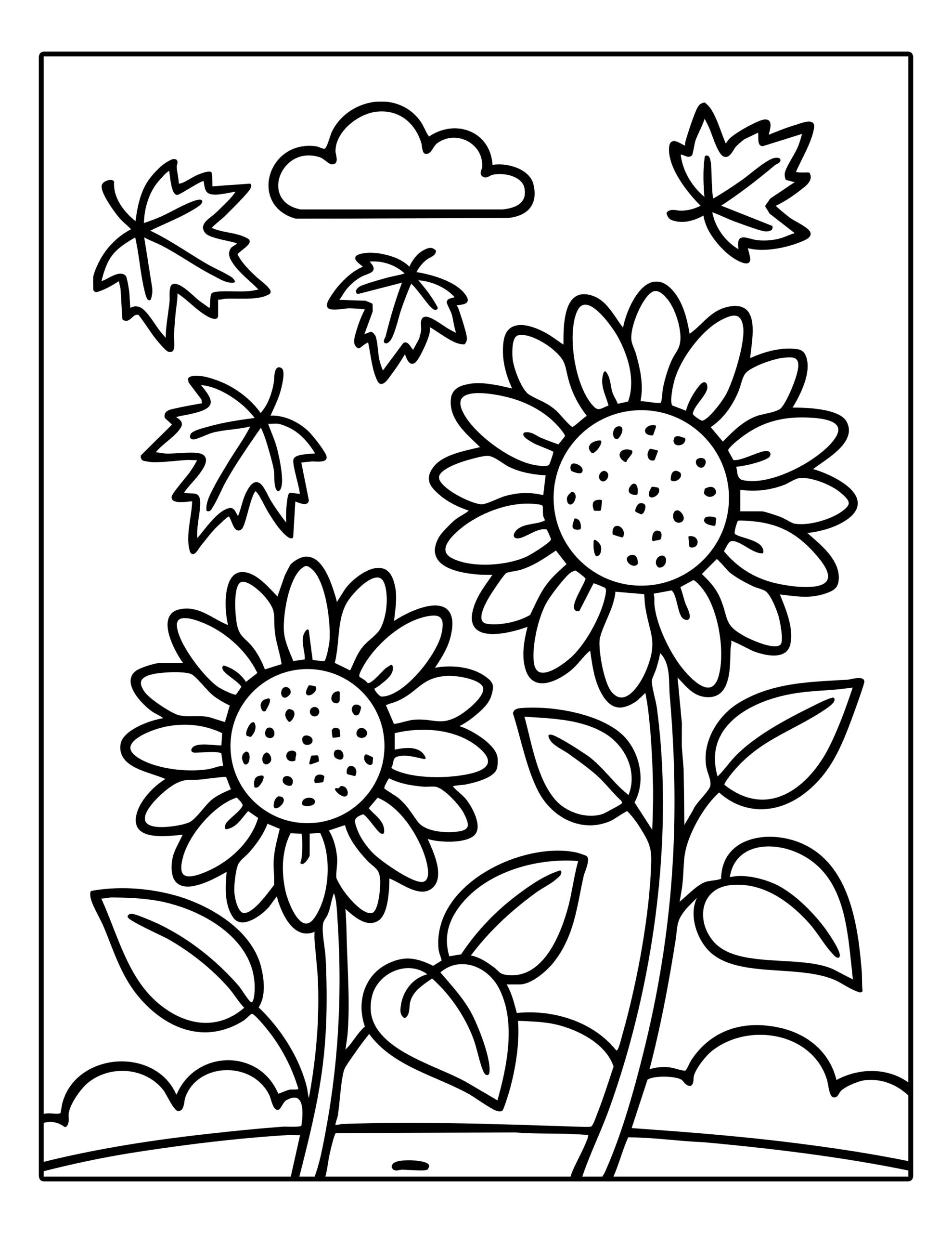 Herfst kleurplaat zonnebloemen met bladeren