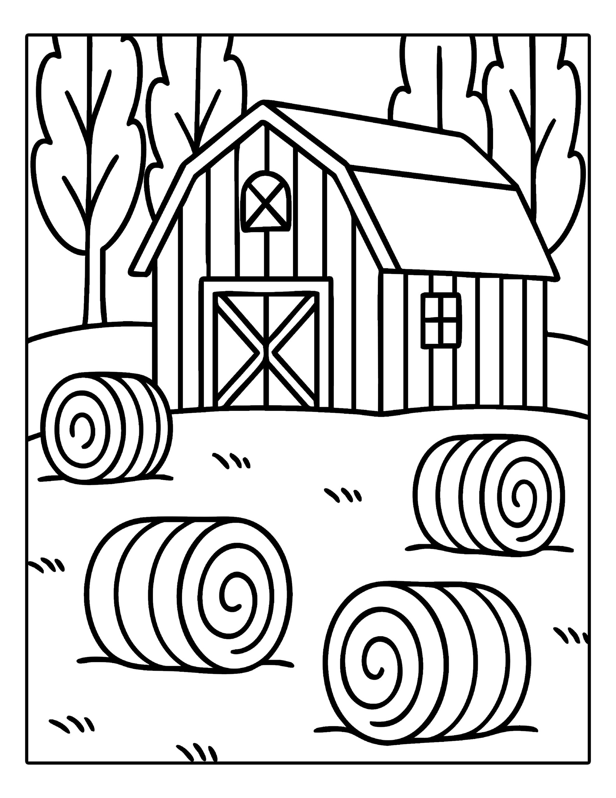 Herfst kleurplaat boerderij met hooibalen