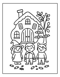 Kleurplaat van kinderen in Halloweenkostuums voor een huis met vleermuizen en snoepjes