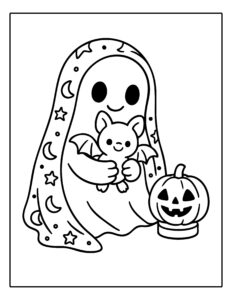 Kleurplaat van een vriendelijk spookje met een vleermuis en een Halloween pompoen