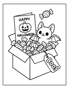 Kleurplaat van een doos vol Halloween snoepjes met vleermuisje en kaartje