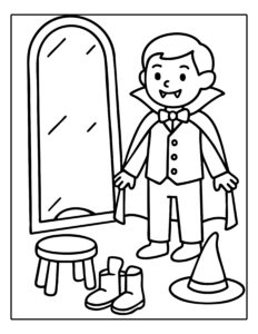 Kleurplaat van een jongen verkleed als vampier die in de spiegel kijkt tijdens Halloween