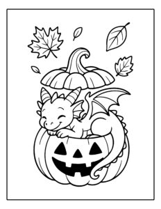 Kleurplaat van een schattig draakje dat in een pompoen ligt met herfstbladeren eromheen
