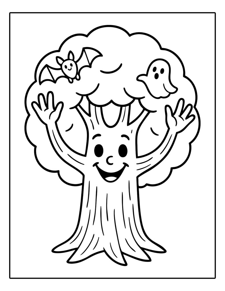 Kleurplaat van een lachende boom met een spook en vleermuis in de takken