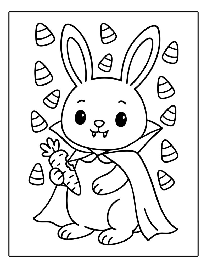 Kleurplaat van een konijn verkleed als vampier met een wortel en snoepjes