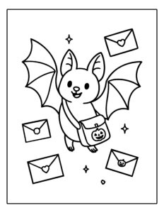 Kleurplaat van een vrolijke vleermuis met een Halloween tasje en brieven
