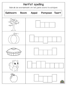 Herfst spelling werkblad waarbij kinderen woorden als eekhoorn, boom, appel, pompoen en taart in de juiste vakjes moeten schrijven.