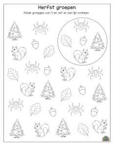 Herfst werkblad waarbij kinderen groepjes van vijf objecten moeten maken en omcirkelen.