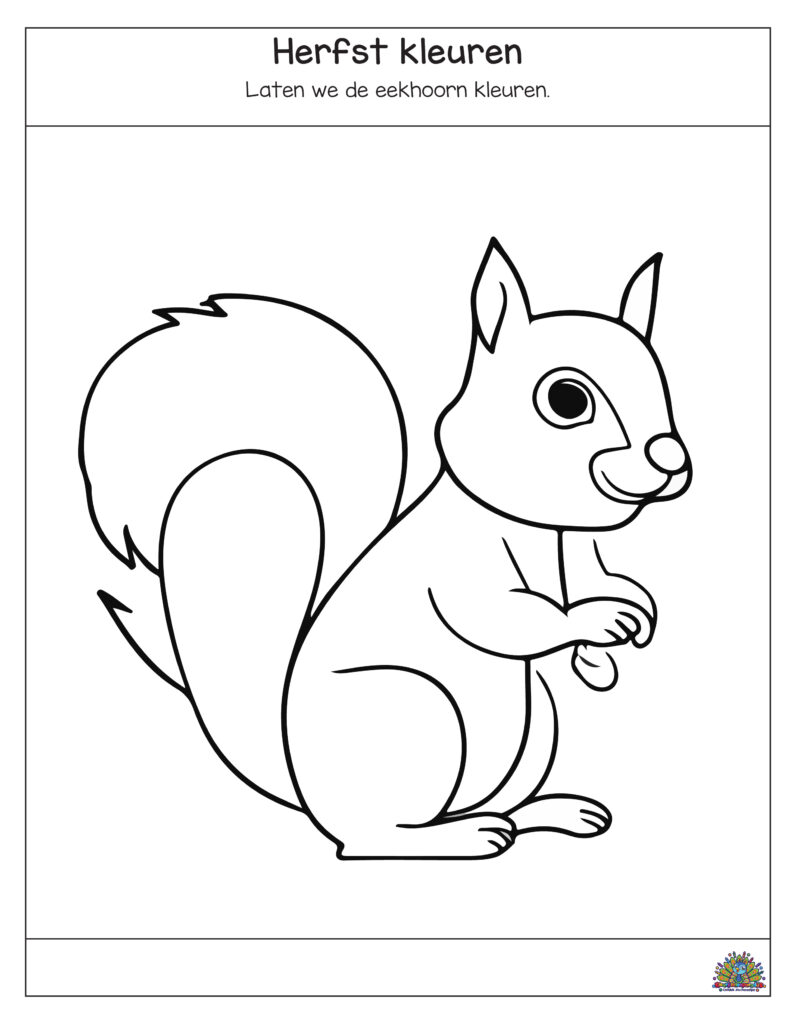 Herfst kleurplaat van een eekhoorn. Kinderen kunnen de eekhoorn inkleuren.