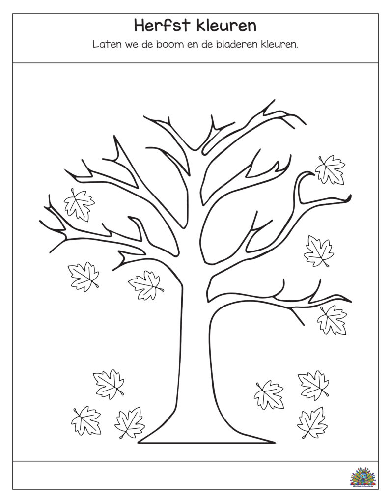 Kleurplaat herfst met boom en vallende bladeren om in te kleuren.