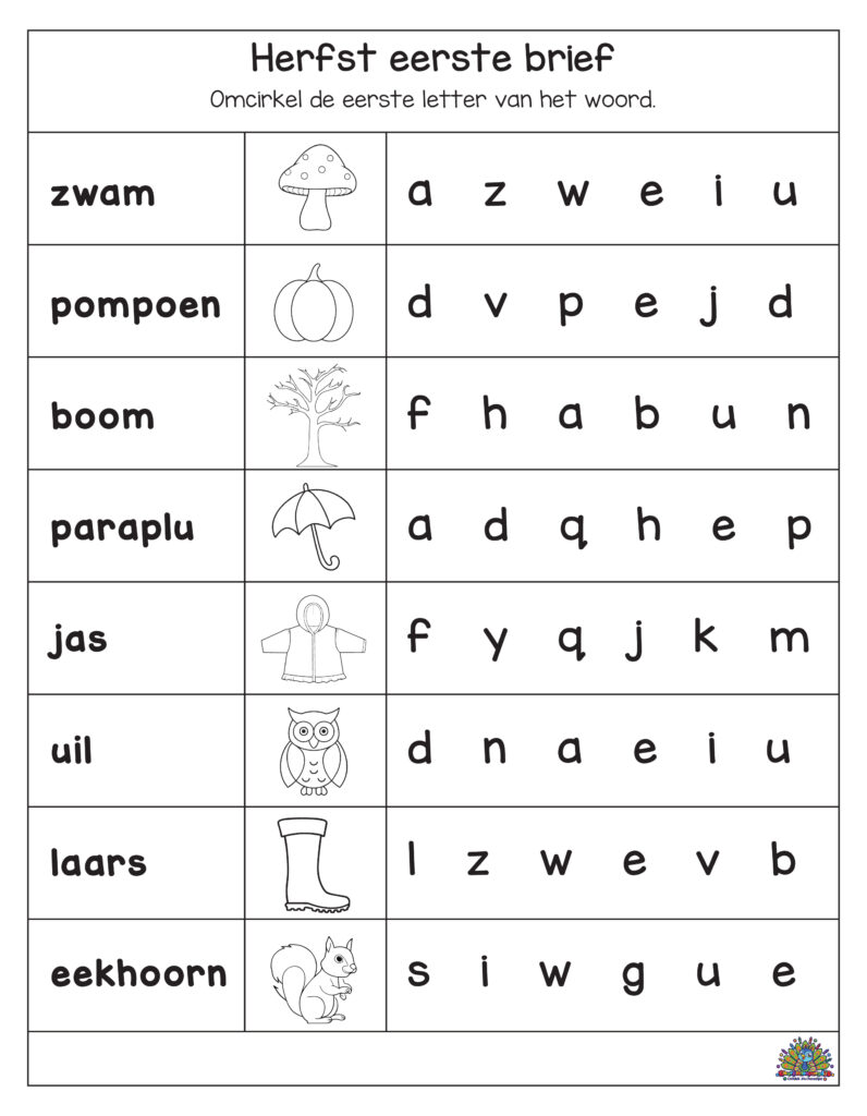 Herfst werkblad om de eerste letter van woorden zoals zwam, pompoen, boom, paraplu en eekhoorn te oefenen.