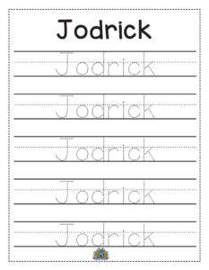 Werkblad met schrijflijnen om de naam Jodrick te oefenen