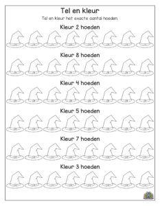 Tel en kleur Halloween werkblad met heksenhoeden waar kinderen het juiste aantal moeten inkleuren