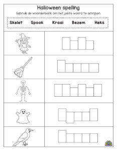 Halloween spelling werkblad voor kinderen. Vul de juiste woorden in zoals skelet, spook, kraai, bezem en heks.