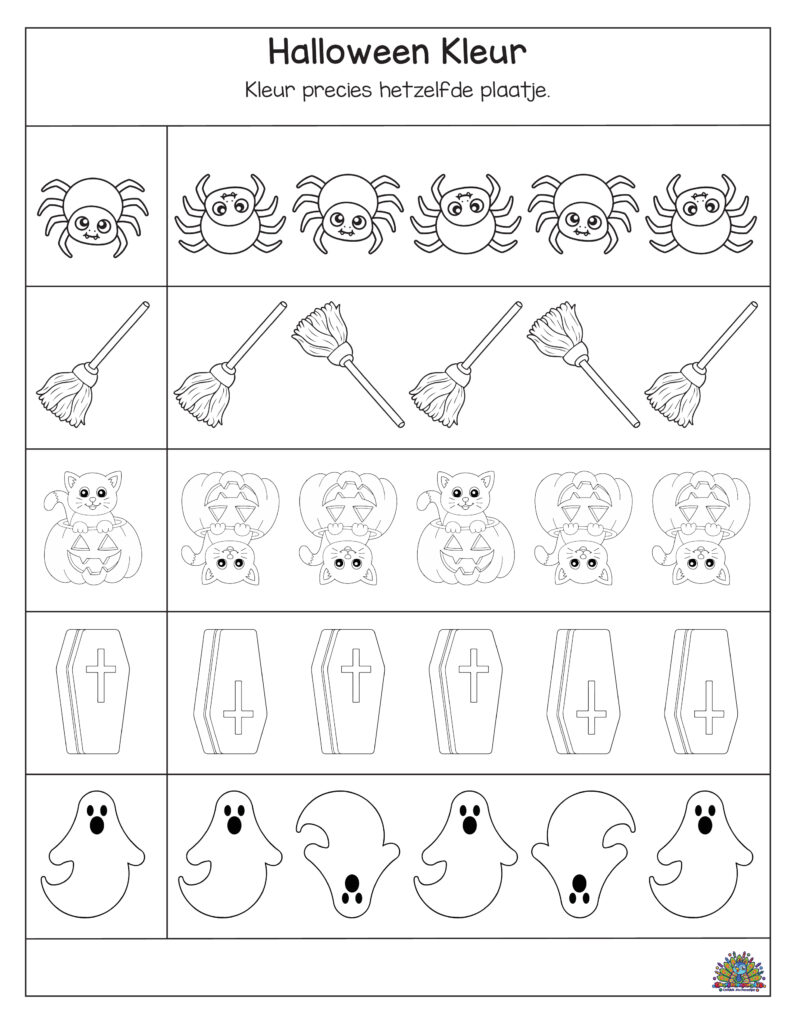 Halloween kleurspel met spinnen, bezems, katten, kisten en spookjes om hetzelfde plaatje in te kleuren