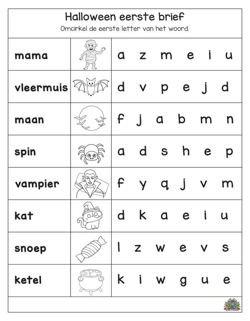 Halloween werkblad voor kinderen. Oefen de eerste letter van woorden zoals mama, vleermuis, maan, spin, vampier, kat, snoep en ketel door de juiste letter te omcirkelen.