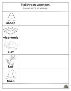 Halloween werkblad voor kleuters. Kinderen lezen de woorden zoals snoep, vleermuis, kist, kat en hoed en schrijven ze in de lege vakken.