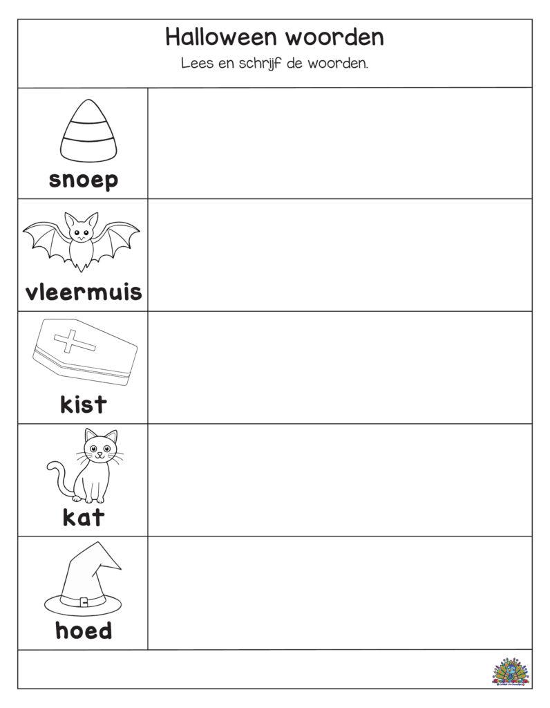 Halloween werkblad voor kleuters. Kinderen lezen de woorden zoals snoep, vleermuis, kist, kat en hoed en schrijven ze in de lege vakken.