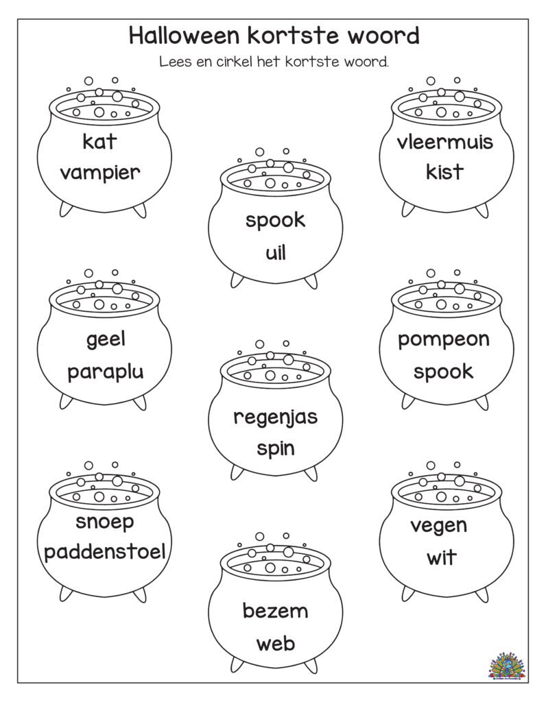 Halloween werkblad voor kleuters. Kinderen lezen woorden in een ketel en moeten het kortste woord omcirkelen, zoals kat, uil of web.