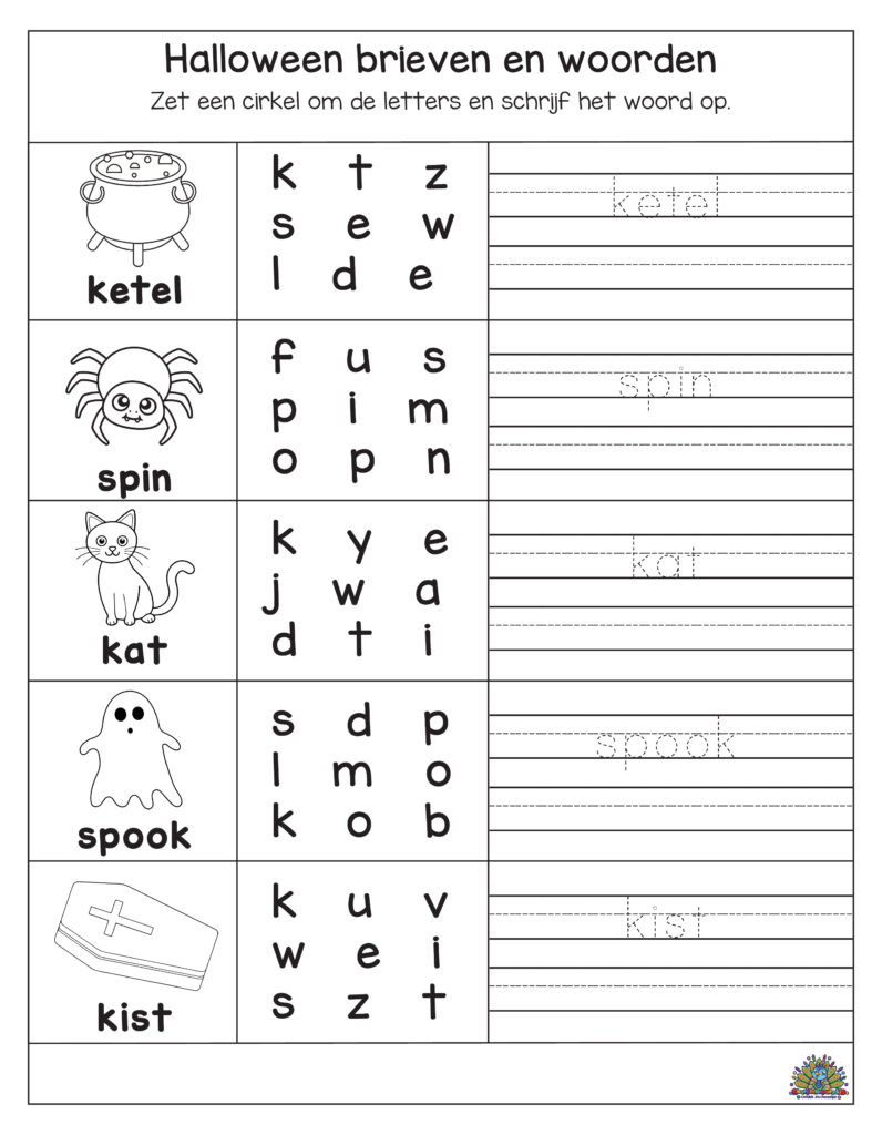 Halloween werkblad voor kleuters. Kinderen zoeken de juiste letters en schrijven woorden zoals ketel, spin, kat, spook en kist.