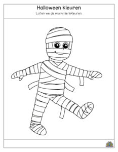 Halloween kleurplaat van een vrolijke mummie. Kinderen kunnen de mummie inkleuren. Leuk voor kleuters en jonge kinderen.