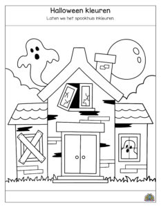 Halloween kleurplaat voor kinderen. Een spookhuis met een spook en volle maan om in te kleuren. Leuk voor kleuters en jonge kinderen.