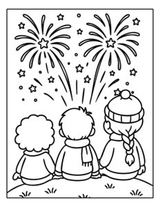 Kleurplaat van drie kinderen die samen naar vuurwerk kijken tijdens een feestelijke avond.
